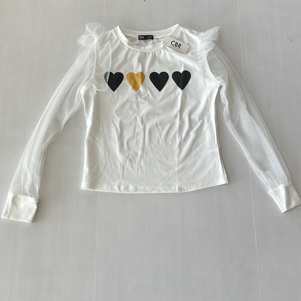 NEW (CBR) ChicMe Heart Pattern Sheer Mesh Ruffle Long Sleeve White Top SIZE M